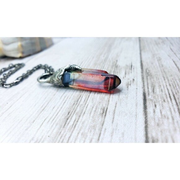 Red aura quartz crystal necklace handmade gothic fantasy metalwork jewelry - Picture 5 of 11